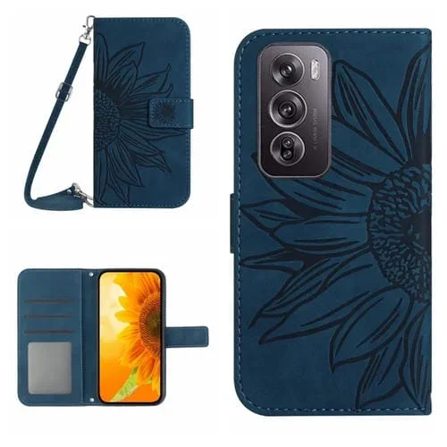 Para Oppo Reno12 5G Global Skin Feel Sun Flower Funda de Cuero con Tapa En Relieve y Cordón (Azul Oscuro)
