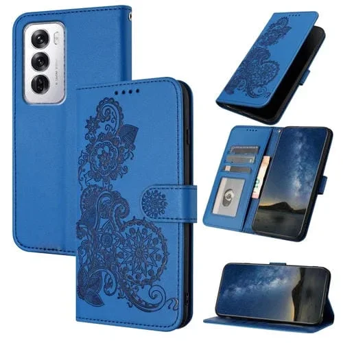 Para Oppo Reno12 Global Datura Flower Funda de Cuero con Tapa En Relieve (Azul)