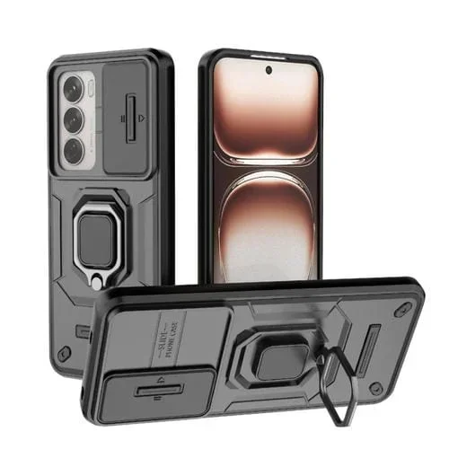 Para Oppo Reno12 Global Sliding Camshield TPU + PC Funda para Teléfono a Prueba de Golpes con Soporte (Negro)