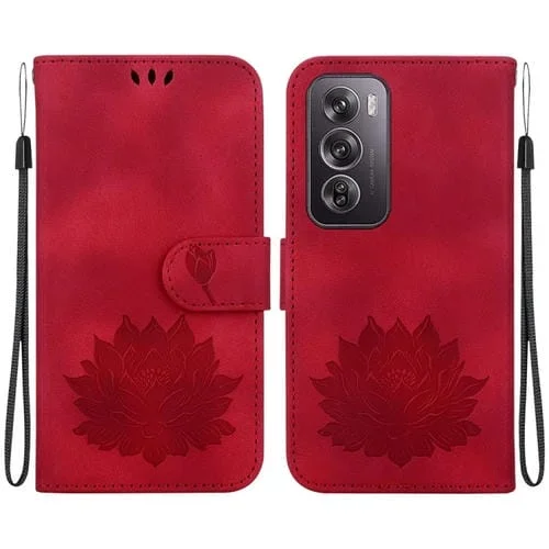 Para Oppo Reno12 Pro 5G Global Lotus Funda de Cuero En Relieve para Teléfono (Rojo)