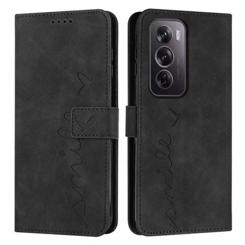 Para Oppo Reno12 Pro Global Skin Feel Heart Funda para Teléfono de Cuero En Relieve con Cordón Largo (Negro)