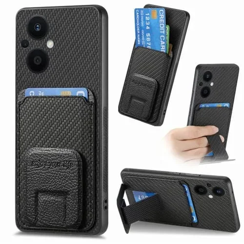 Para Oppo Reno7 Z 5G / F21 Pro 5G Funda para Teléfono con Soporte Plegable y Bolsa para Tarjetas de Fibra de Carbono (Negro)