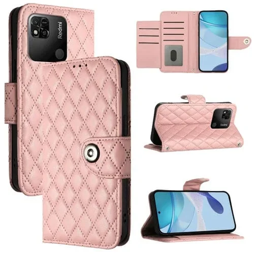 Para Redmi 10A / 9C Funda para Teléfono de Cuero con Tapa con Textura Rómbica y Cordón (Rosa Coral)
