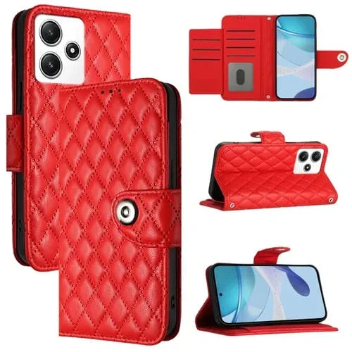 Para Redmi 12 4G Global / India Funda para Teléfono con Tapa de Cuero con Textura Rómbica y Cordón (Rojo)