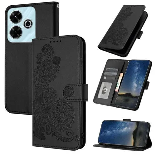 Para Redmi 13 4G Datura Flower Funda de Cuero con Tapa En Relieve (Negro)