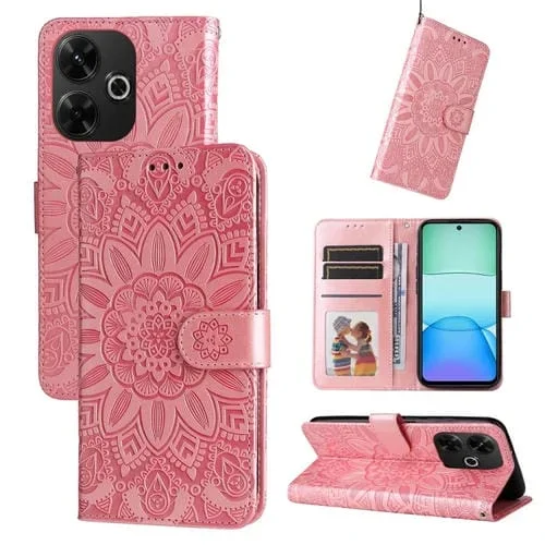 Para Redmi 13 4G / Redmi Note 13R Funda para Teléfono de Cuero con Girasol En Relieve (Oro Rosa)
