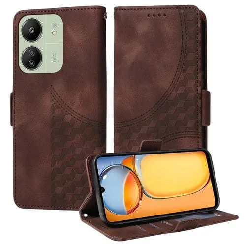 Para Redmi 13C 4G / 5G / 13R Funda para Teléfono de Cuero Estrellado con Rombos En Relieve (Marrón)