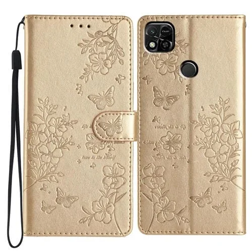 Para Redmi 9C Funda de Cuero para Teléfono con Mariposas y Flores (Dorado)