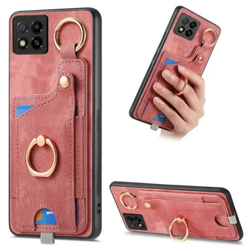 Para Redmi 9C Funda para Teléfono con Bolsa para Tarjeta con Anillo y Sensación de Piel Retro con Lazo para Colgar (Rosa)