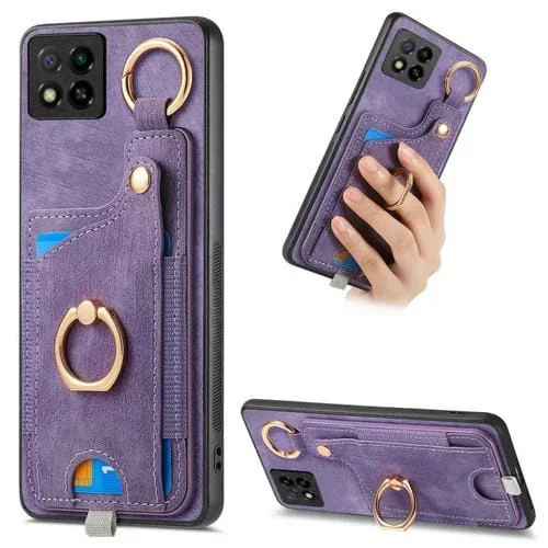 Para Redmi 9C Funda para Teléfono con Bolsa para Tarjeta con Anillo y Sensación de Piel Retro con Lazo para Colgar (Púrpura)