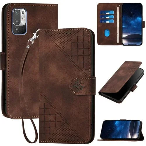 Para Redmi Note 10 Je Versión Yx0080 Funda de Cuero con Tapa con Patrón En Relieve de Mariposa y Cuadrícula con Cordón (Café)