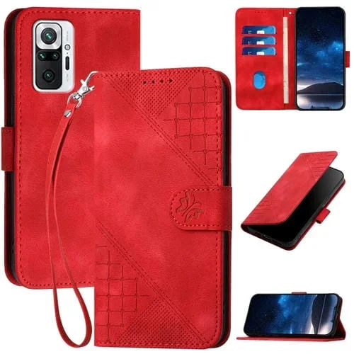 Para Redmi Note 10 Pro Max Yx0080 Funda de Cuero con Tapa y Patrón En Relieve de Mariposa En Cuadrícula con Cordón (Rojo)