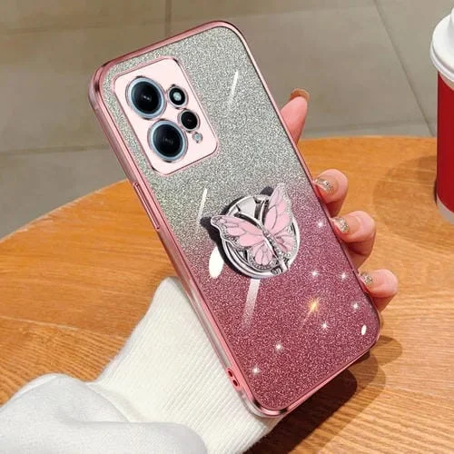 Para Redmi Note 12 4G Funda para Teléfono de TPU con Soporte de Mariposa con Brillo Degradado Plateado Global (Rosa)