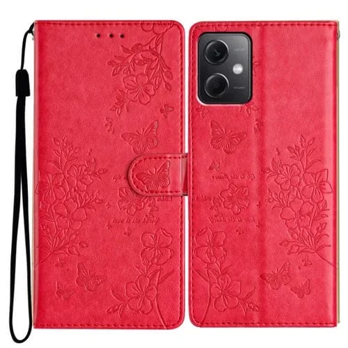 Para Redmi Note 12 5G Funda de Cuero para Teléfono con Mariposas y Flores Globales (Rojo)