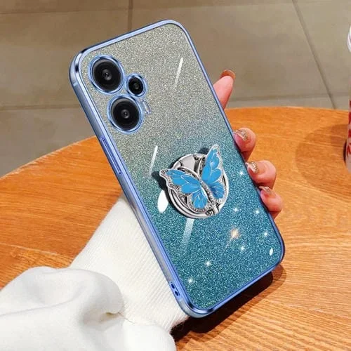Para Redmi Note 12 Funda para Teléfono de TPU con Soporte de Mariposa con Brillo Degradado Turbo Plateado (Azul Sierra)