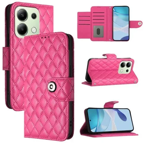 Para Redmi Note 13 4G Funda para Teléfono de Cuero con Tapa con Textura Rómbica Global y Cordón (Rojo Rosa)