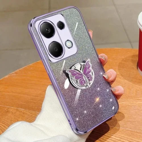 Para Redmi Note 13 Pro 4G Estuche para Teléfono de TPU con Soporte de Mariposa con Brillo Degradado Plateado (Púrpura)