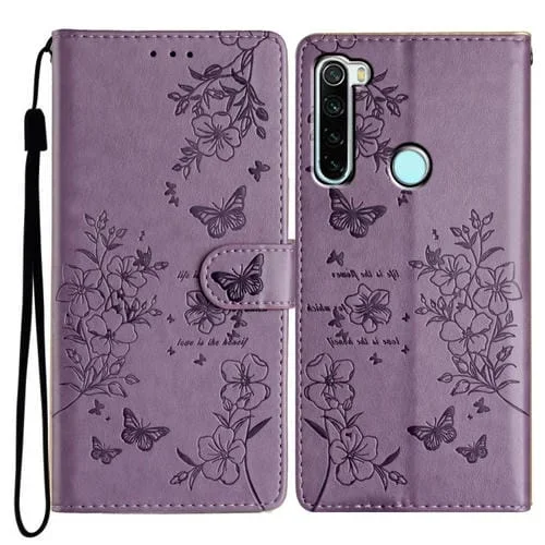 Para Redmi Note 8T Funda de Cuero para Teléfono con Mariposas y Flores (Púrpura)