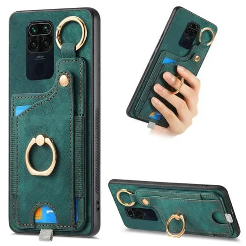 Para Redmi Note 9 4G Funda para Teléfono con Bolsa para Tarjeta con Anillo y Sensación de Piel Retro con Lazo para Colgar (Verde)