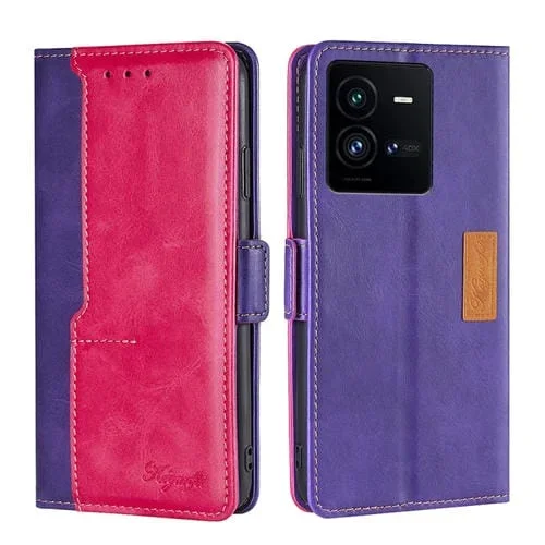 Para Vivo Iqoo 10 Pro 5G Caja de Teléfono de Cuero con Hebilla Lateral de Color de Contraste (Púrpura + Rosa Roja)