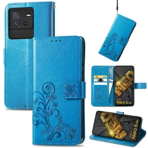 Para Vivo Iqoo Neo6 Estuche para Teléfono de Cuero con Hebilla En Relieve con Cierre de Cuatro Hojas (Azul)