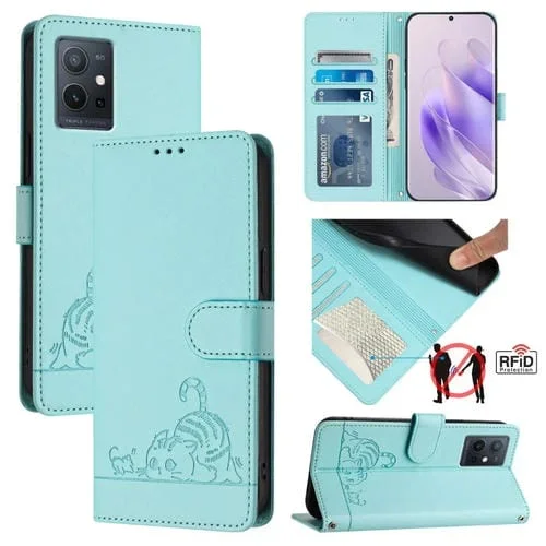 Para Vivo Iqoo U5E 5G / Y30 5G Cat Rat Estuche para Teléfono de Cuero Rfid con Patrón En Relieve y Cordón (Verde Menta)