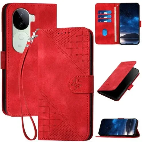 Para Vivo Iqoo Z9S / V40E India Yx0080 Funda de Cuero con Tapa y Patrón En Relieve de Mariposa y Cuadrícula con Cordón (Rojo)
