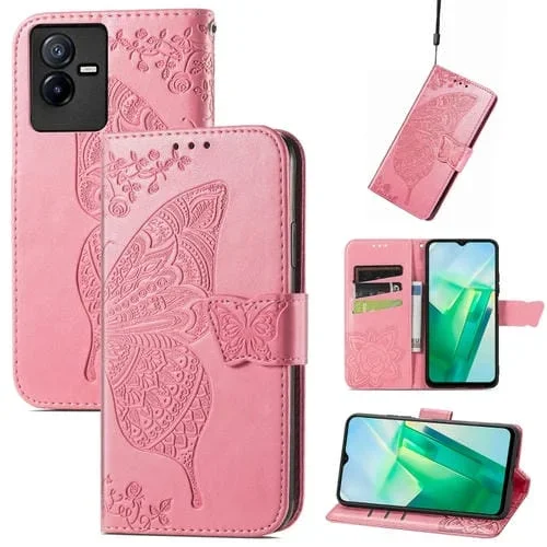 Para Vivo T2X 5G Butterfly Love Flower Estuche para Teléfono de Cuero En Relieve (Rosa)