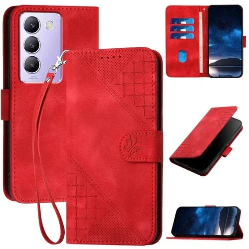 Para Vivo V30 Lite 5G India Yx0080 Funda de Cuero con Tapa y Patrón En Relieve de Mariposa En Cuadrícula con Cordón (Rojo)