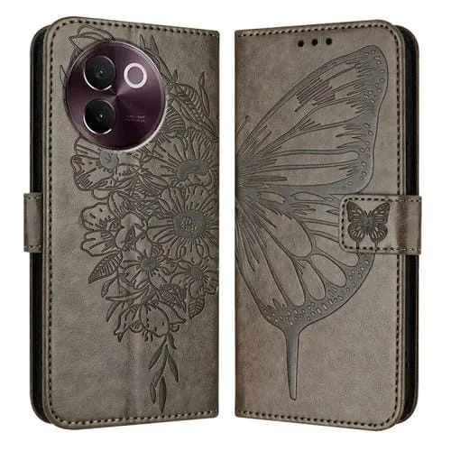 Para Vivo V30E 5G Funda de Cuero para Teléfono con Mariposa En Relieve Global (Gris)