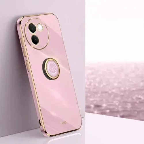 Para Vivo V30E Xinli Estuche a Prueba de Golpes de TPU con Borde Dorado y Revestimiento Recto 6D con Soporte para Anillo (Púrpura Cereza)