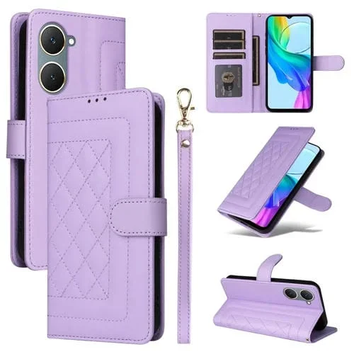 Para Vivo Y03 Diamond Lattice Funda para Teléfono con Tapa de Cuero (Púrpura Claro)