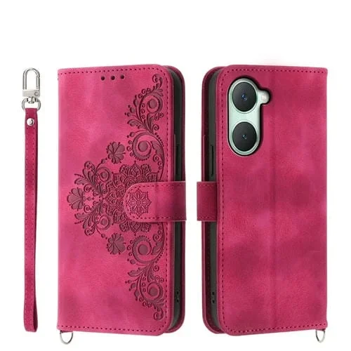 Para Vivo Y03 Funda para Teléfono de Cuero con Billetera En Relieve y Flores con Sensación de Piel (Rojo Vino)