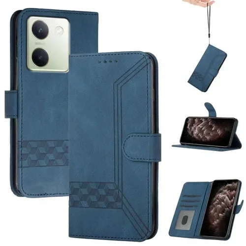 Para Vivo Y100 5G Global Cubic Skin Feel Funda de Cuero con Tapa para Teléfono (Azul)