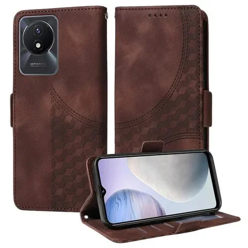 Para Vivo Y11 2023 / Y02 4G Funda para Teléfono de Cuero Estrellado con Rombos En Relieve (Marrón)