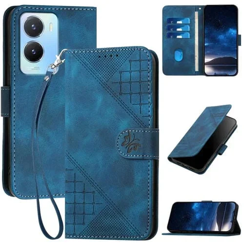 Para Vivo Y16 4G Global Yx0080 Grid Butterfly Patrón En Relieve Funda de Cuero con Tapa para Teléfono con Cordón (Azul Oscuro)