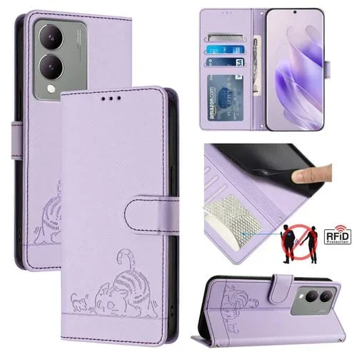Para Vivo Y17S 5G India Cat Rat Estuche para Teléfono de Cuero Rfid con Patrón En Relieve y Cordón (Púrpura)