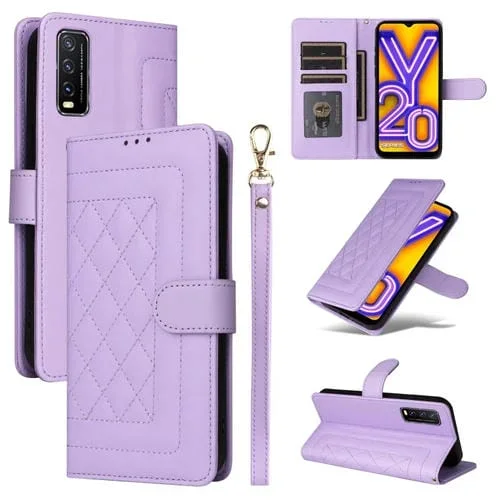 Para Vivo Y20 / Y20I Funda para Teléfono con Tapa de Cuero Diamond Lattice (Púrpura Claro)