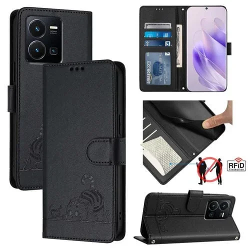 Para Vivo Y22S 4G Global Cat Rat Estuche para Teléfono de Cuero Rfid con Patrón En Relieve y Cordón (Negro)