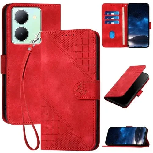 Para Vivo Y27 5G / Y36 4G India Yx0080 Funda de Cuero con Tapa y Patrón En Relieve de Mariposa y Cuadrícula con Cordón (Rojo)
