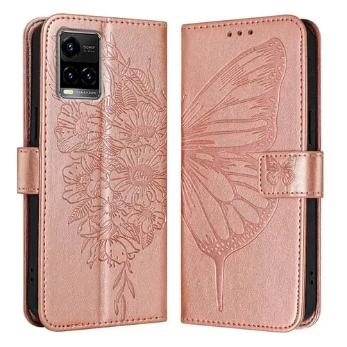 Para Vivo Y33S 4G Global / Y21 2021 / Y21S Funda para Teléfono de Cuero con Mariposa En Relieve (Oro Rosa)