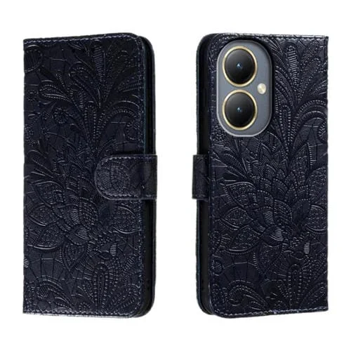 Para Vivo Y35M + Funda para Teléfono de Cuero con Tapa y Estampado de Flores de Encaje (Azul Oscuro)