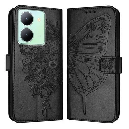 Para Vivo Y36 4G / Y36 5G Global / Y36 4G India Funda para Teléfono de Cuero con Mariposa En Relieve (Negro)