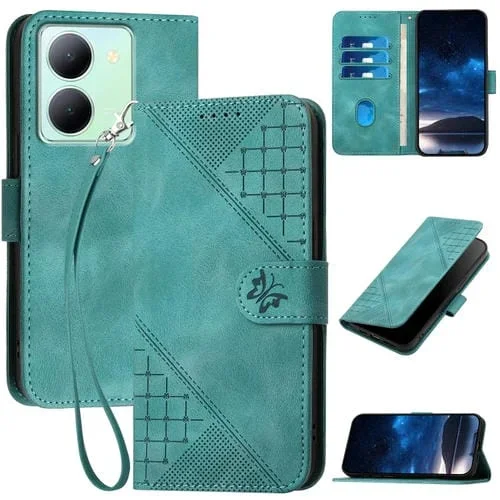 Para Vivo Y36 5G Global Yx0080 Grid Butterfly Patrón En Relieve Funda de Cuero con Tapa para Teléfono con Cordón (Azul Claro)