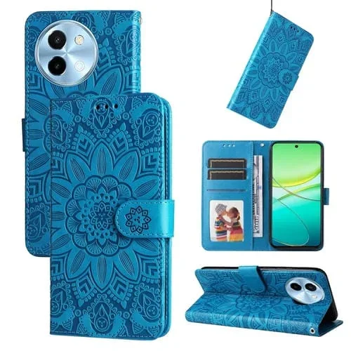 Para Vivo Y38 5G / T3X 5G Funda para Teléfono de Cuero con Girasol En Relieve Global (Azul)