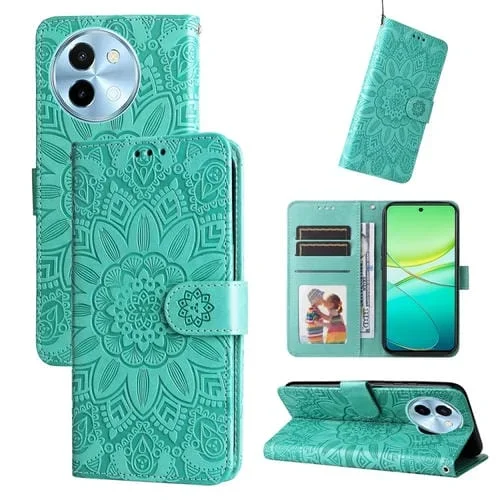 Para Vivo Y38 5G / T3X 5G Funda para Teléfono de Cuero con Girasol En Relieve Global (Verde)