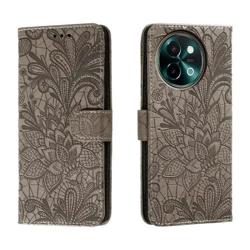 Para Vivo Y38 Funda para Teléfono de Cuero con Tapa y Estampado de Flores de Encaje (Gris)
