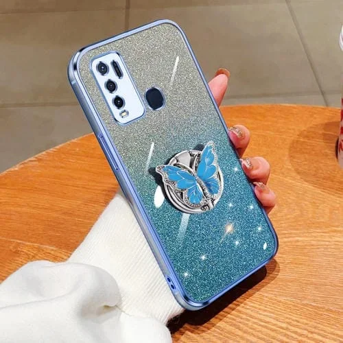 Para Vivo Y50 Funda para Teléfono de TPU con Soporte de Mariposa con Brillo Degradado Plateado (Azul Sierra)