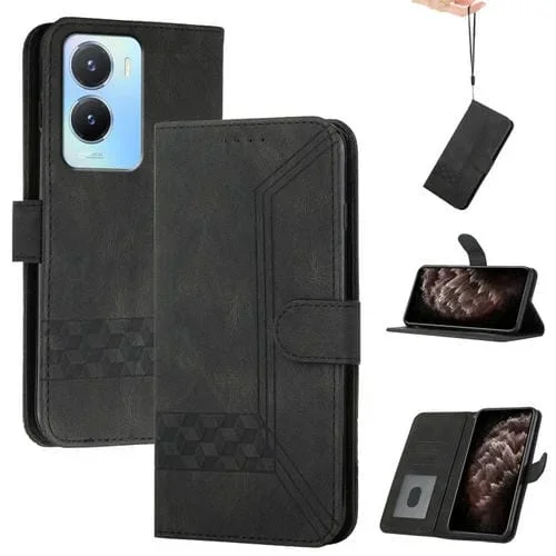 Para Vivo Y56 5G Global / Y16 4G Global Cubic Skin Feel Funda de Cuero con Tapa para Teléfono (Negro)