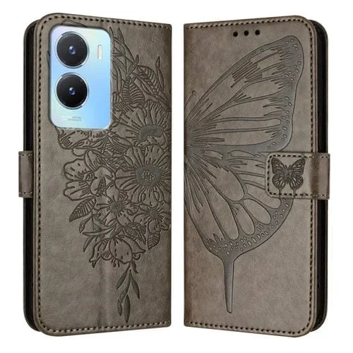 Para Vivo Y56 5G / Y16 4G / Y02S 4G Funda para Teléfono de Cuero con Mariposa En Relieve Global (Gris)